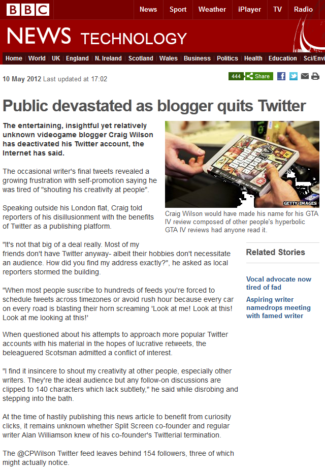 Craig quits Twitter, BBC News picks up story